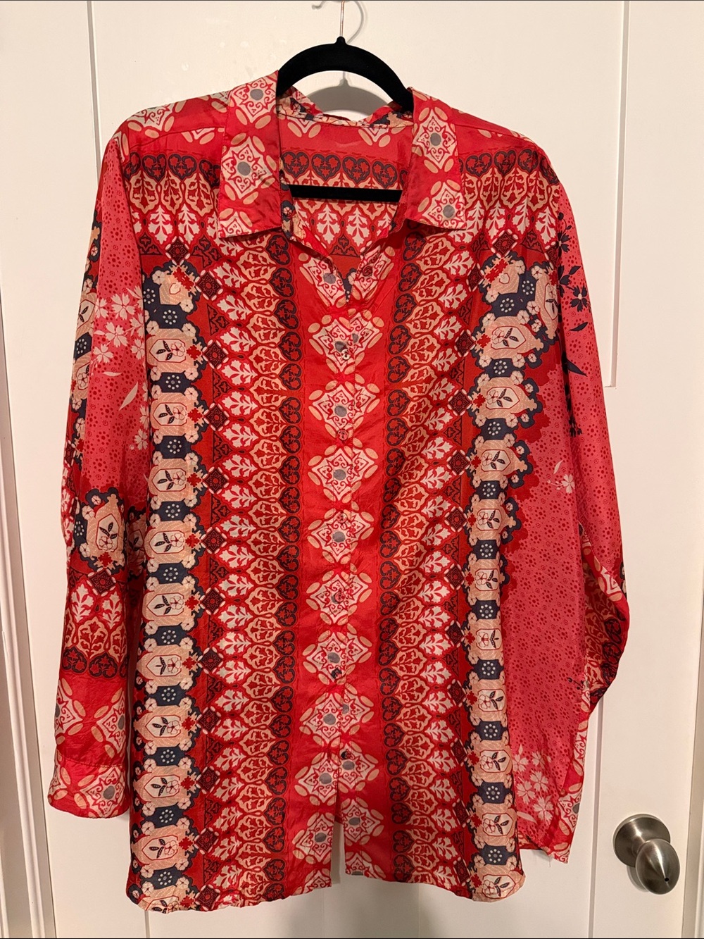 Johnny Was 100% Silk Bohemian Red Multi-Pattern Button Down Shirt Size XL